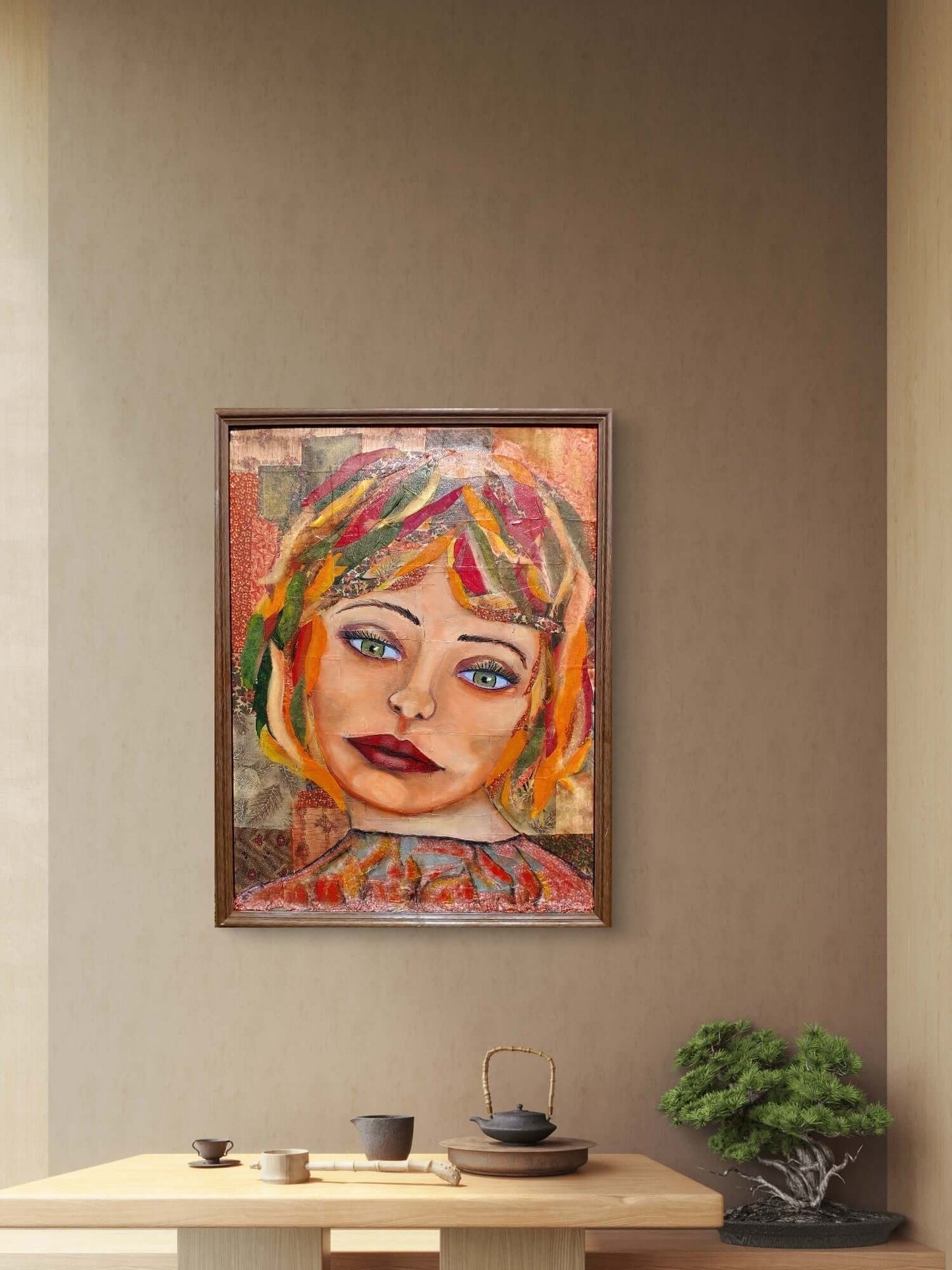 Mixed-media portrait of a woman with colorful, textured hair in warm tones of red, orange, and green, set against a patterned background.