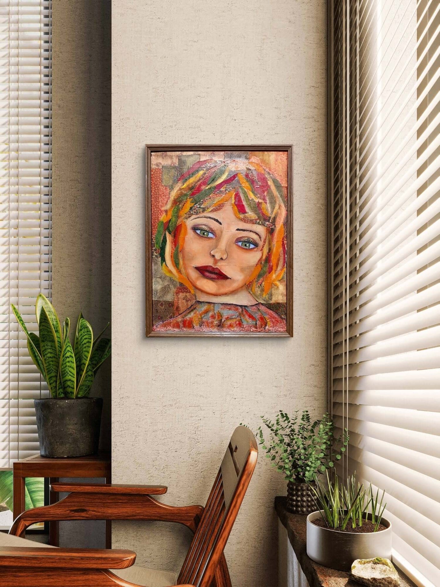 Mixed-media portrait of a woman with colorful, textured hair in warm tones of red, orange, and green, set against a patterned background.