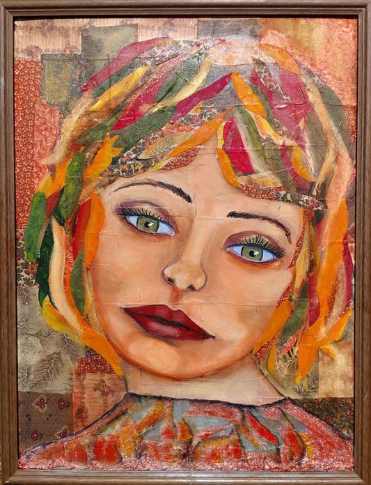 Mixed-media portrait of a woman with colorful, textured hair in warm tones of red, orange, and green, set against a patterned background.