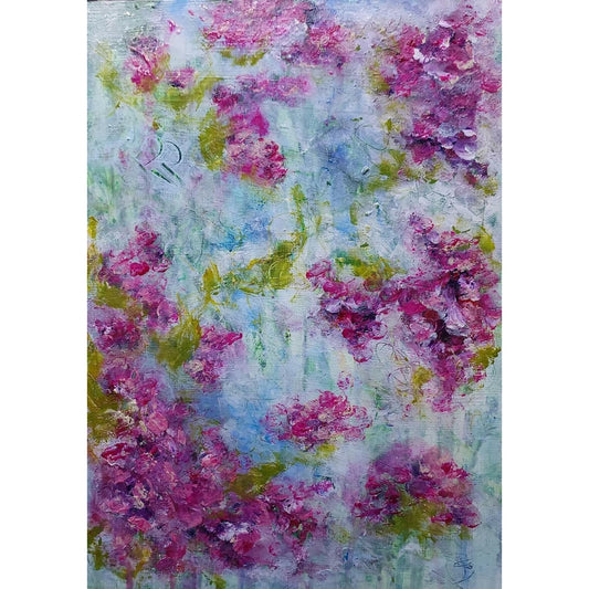 A vibrant mixed media artwork featuring abstract floral elements. The composition is dominated by soft hues of pink and magenta, representing clusters of flowers, interspersed with shades of green suggesting foliage. The background is a dreamy blend of pastel blues and whites, creating a soft, airy atmosphere. The texture is rich and layered, with visible brushstrokes and dynamic patterns that give the piece depth and movement.