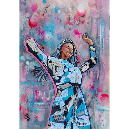 Joy in motion - Trudie Averett Art Vibrant artwork titled 'Joy in Motion,' showcasing dynamic, flowing colors and abstract shapes that convey a sense of energy, movement, and celebration.