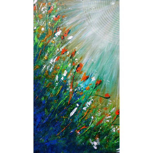 A vibrant abstract painting of wildflowers with bright reds, oranges, and whites against a background transitioning from deep blue to soft green. A large circular light source in the top right casts rays across the dynamic, wind-swept scene.
Trudie Averett Art - Potchefstroom