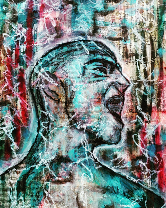 The artwork depicts an expressive figure in profile, mouth open in a powerful shout or cry. Bold black outlines and dynamic teal and red splashes convey intense emotion. The background, layered with text and abstract white strokes, adds depth and complexity, suggesting a deeper narrative behind the figure’s raw energy.
