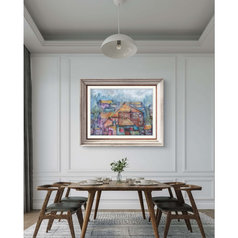 Whimsical mixed media village with textured rooftops, misty background, and vibrant geometric patterns, evoking community and connection.

