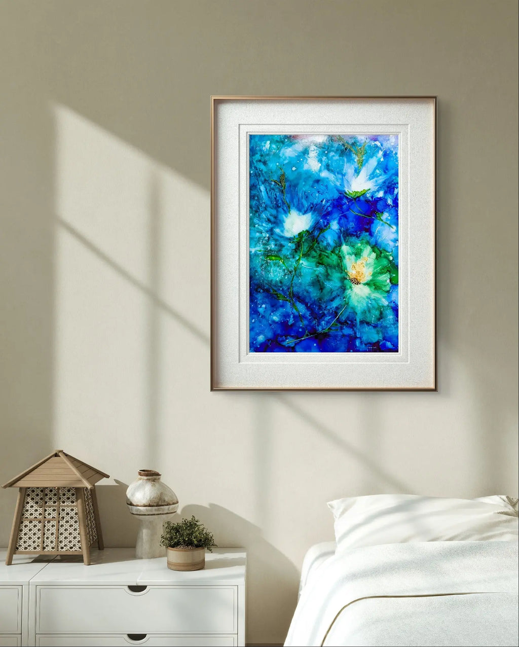 A vibrant painting of abstract blue and green flowers with dynamic textures and flowing, organic forms.