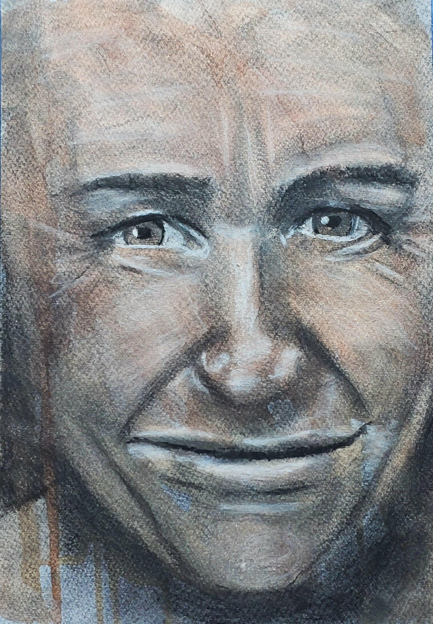 This image shows a close-up of a painted face, focusing on the eyes, nose, and mouth, with a textured and expressive style. The artwork has a muted, earthy color palette, with highlights and shading emphasizing facial features, creating depth and an emotive quality.
Trudie Averett Art 
