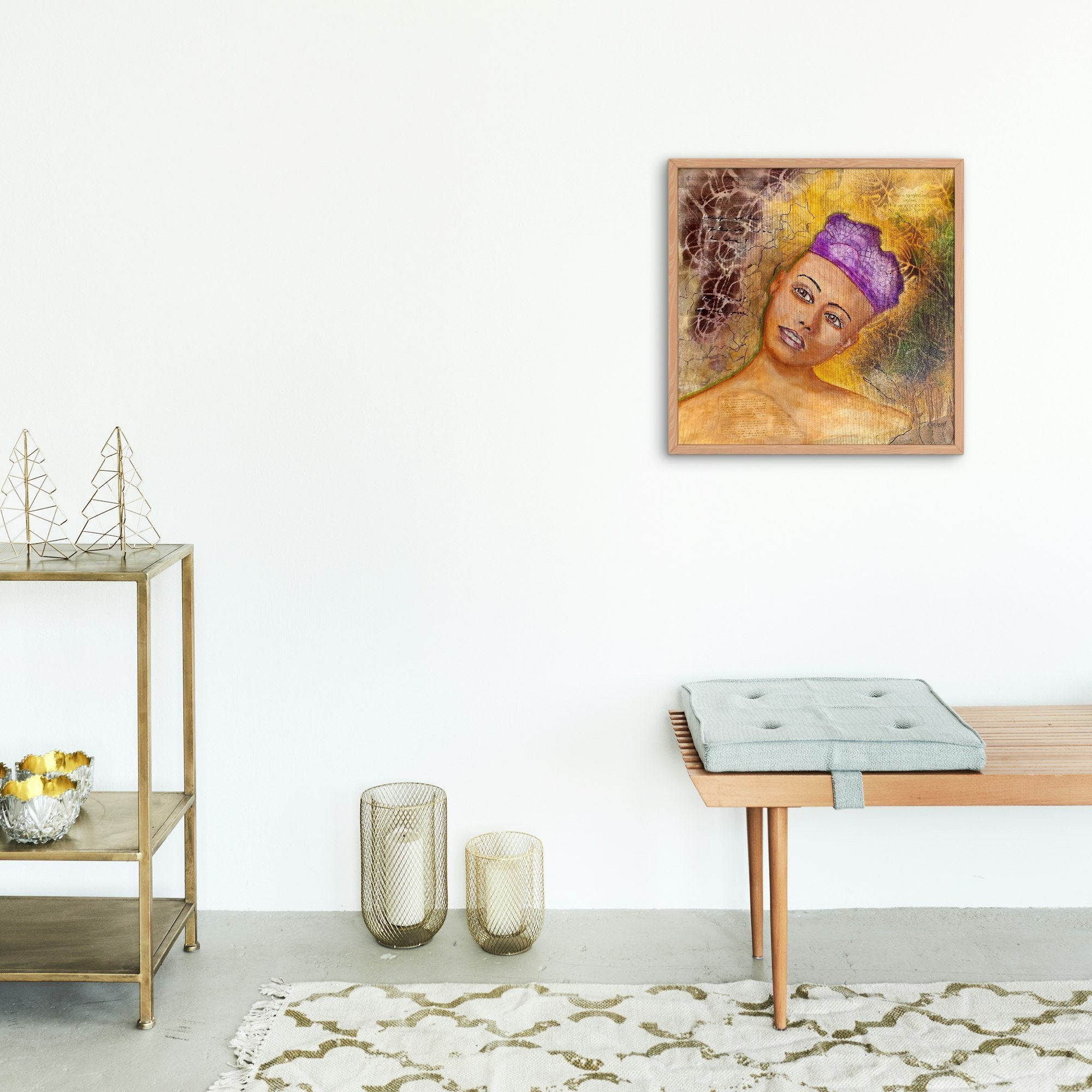 Mixed media portrait of a woman with a contemplative expression, her head slightly tilted to the side. She wears a purple textured headwrap, and her skin has soft, warm tones. The background is rich with layered textures, including crackle patterns, abstract shapes, and faint script, blending shades of yellow, green, and purple. Words from a poem, "What a tangled web we weave, when first we practice to deceive - Walter Scott," are visible in the upper right. The overall composition has an ethereal, dreaml