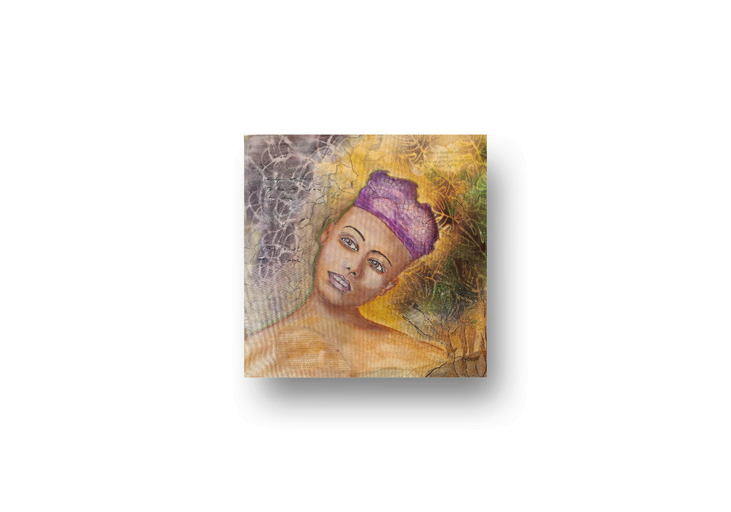 Mixed media portrait of a woman with a contemplative expression, her head slightly tilted to the side. She wears a purple textured headwrap, and her skin has soft, warm tones. The background is rich with layered textures, including crackle patterns, abstract shapes, and faint script, blending shades of yellow, green, and purple. Words from a poem, "What a tangled web we weave, when first we practice to deceive - Walter Scott," are visible in the upper right. The overall composition has an ethereal, dreaml
