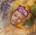 Mixed media portrait of a woman with a contemplative expression, her head slightly tilted to the side. She wears a purple textured headwrap, and her skin has soft, warm tones. The background is rich with layered textures, including crackle patterns, abstract shapes, and faint script, blending shades of yellow, green, and purple. Words from a poem, "What a tangled web we weave, when first we practice to deceive - Walter Scott," are visible in the upper right. The overall composition has an ethereal, dreaml