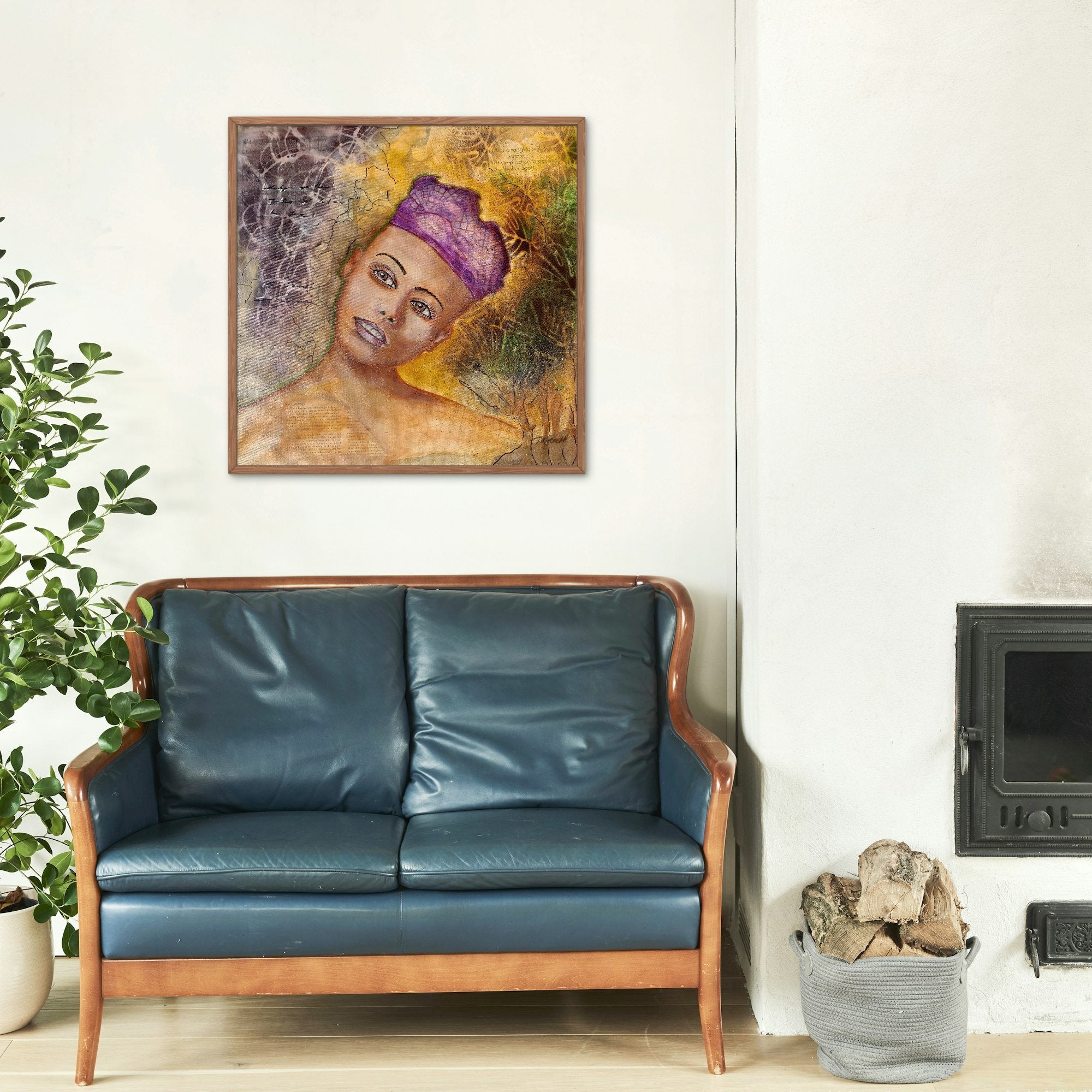 Mixed media portrait of a woman with a contemplative expression, her head slightly tilted to the side. She wears a purple textured headwrap, and her skin has soft, warm tones. The background is rich with layered textures, including crackle patterns, abstract shapes, and faint script, blending shades of yellow, green, and purple. Words from a poem, "What a tangled web we weave, when first we practice to deceive - Walter Scott," are visible in the upper right. The overall composition has an ethereal, dreaml
