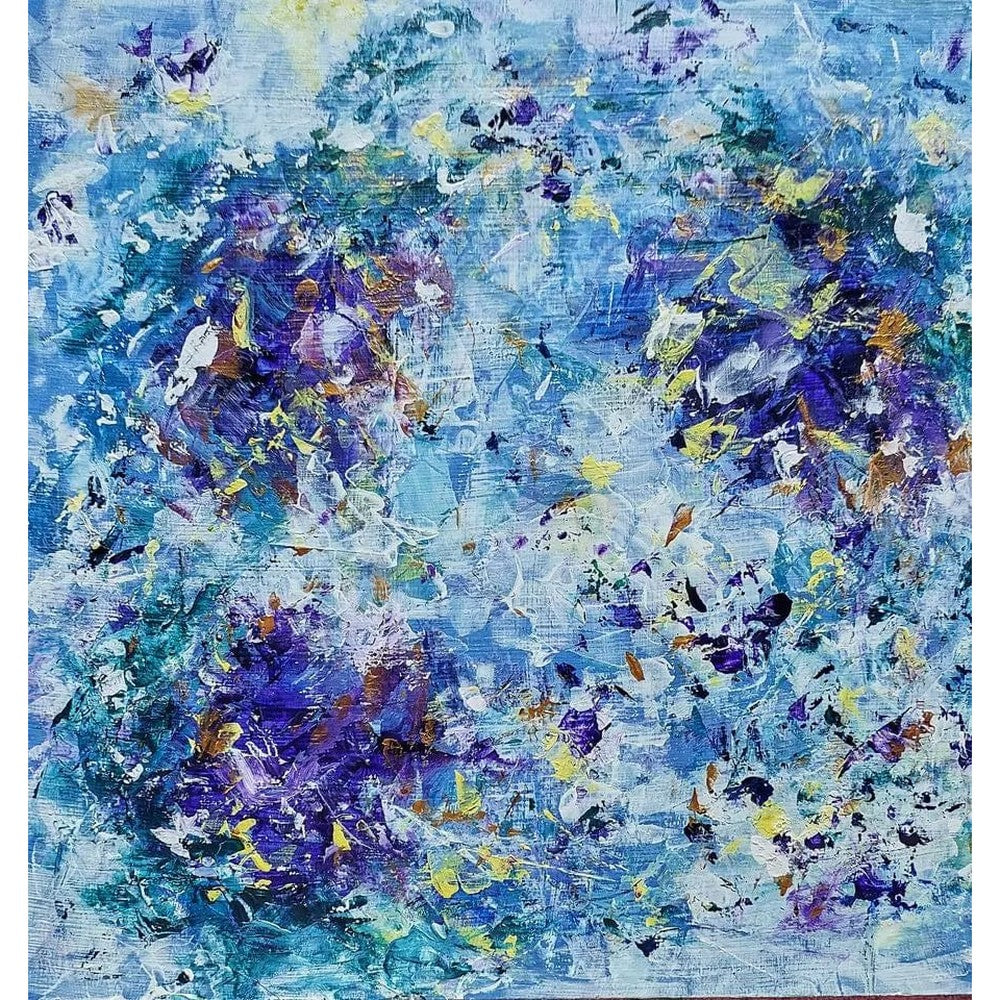Abstract painting in shades of blue and purple with textured, swirling brushstrokes and light splashes of yellow and white, evoking the sense of looking into the depths of water or a reflective, introspective moment. - Trudie Averett Art abstract floral
