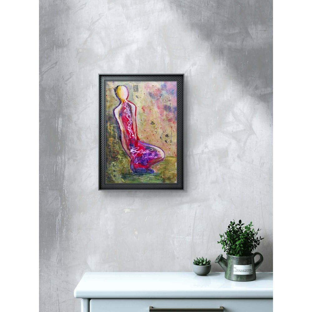 This mixed media artwork features a stylized, abstract figure outlined in bold black, seated against a vibrant and textured background of pinks, purples, greens, and whites. The composition includes layered text, floral motifs, and spontaneous mark-making, creating depth and movement.