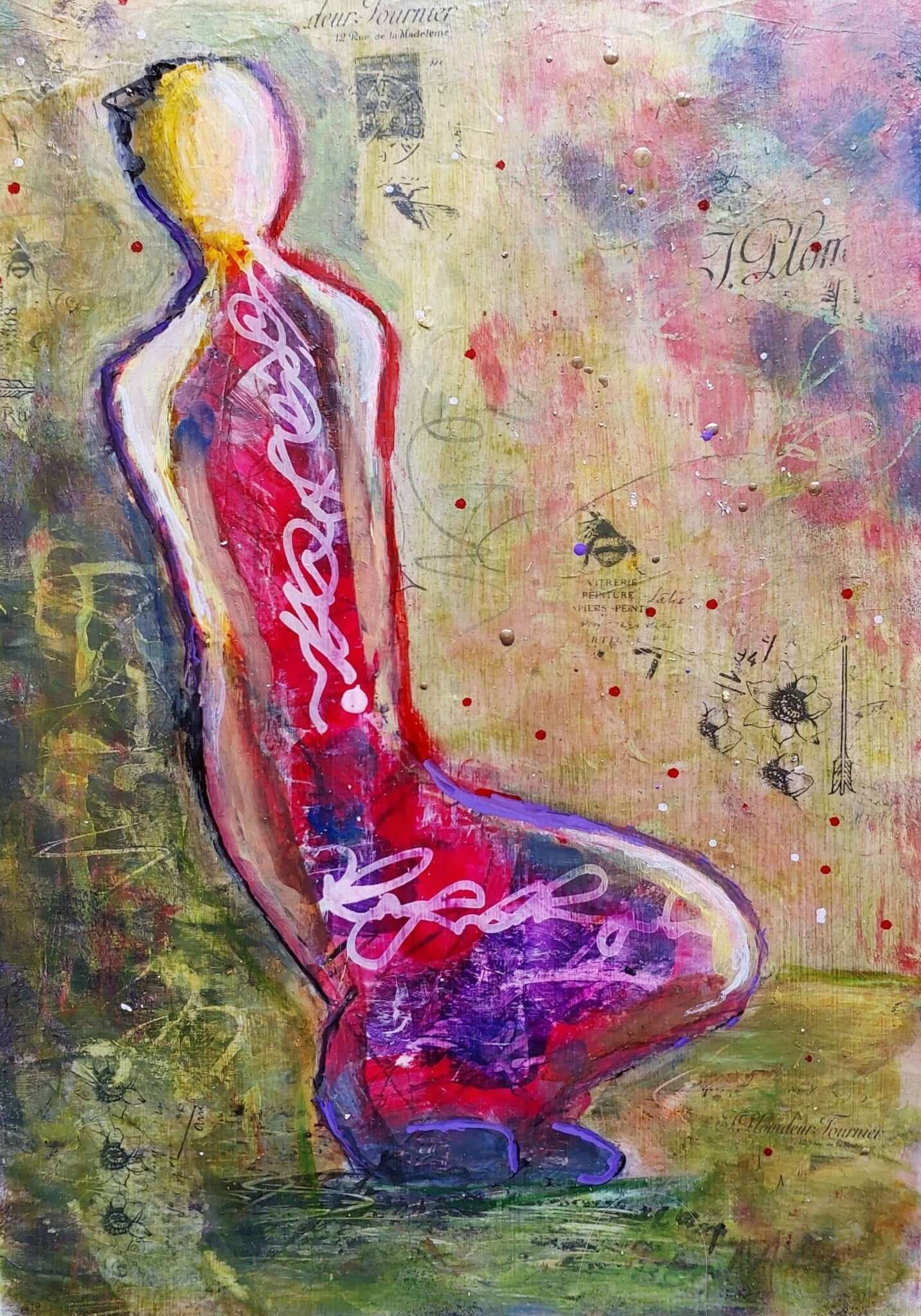 This mixed media artwork features a stylized, abstract figure outlined in bold black, seated against a vibrant and textured background of pinks, purples, greens, and whites. The composition includes layered text, floral motifs, and spontaneous mark-making, creating depth and movement.