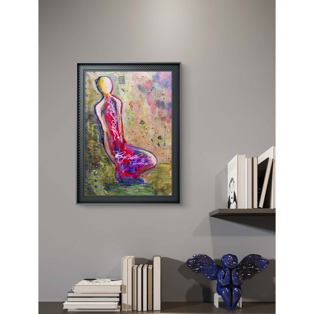 This mixed media artwork features a stylized, abstract figure outlined in bold black, seated against a vibrant and textured background of pinks, purples, greens, and whites. The composition includes layered text, floral motifs, and spontaneous mark-making, creating depth and movement.