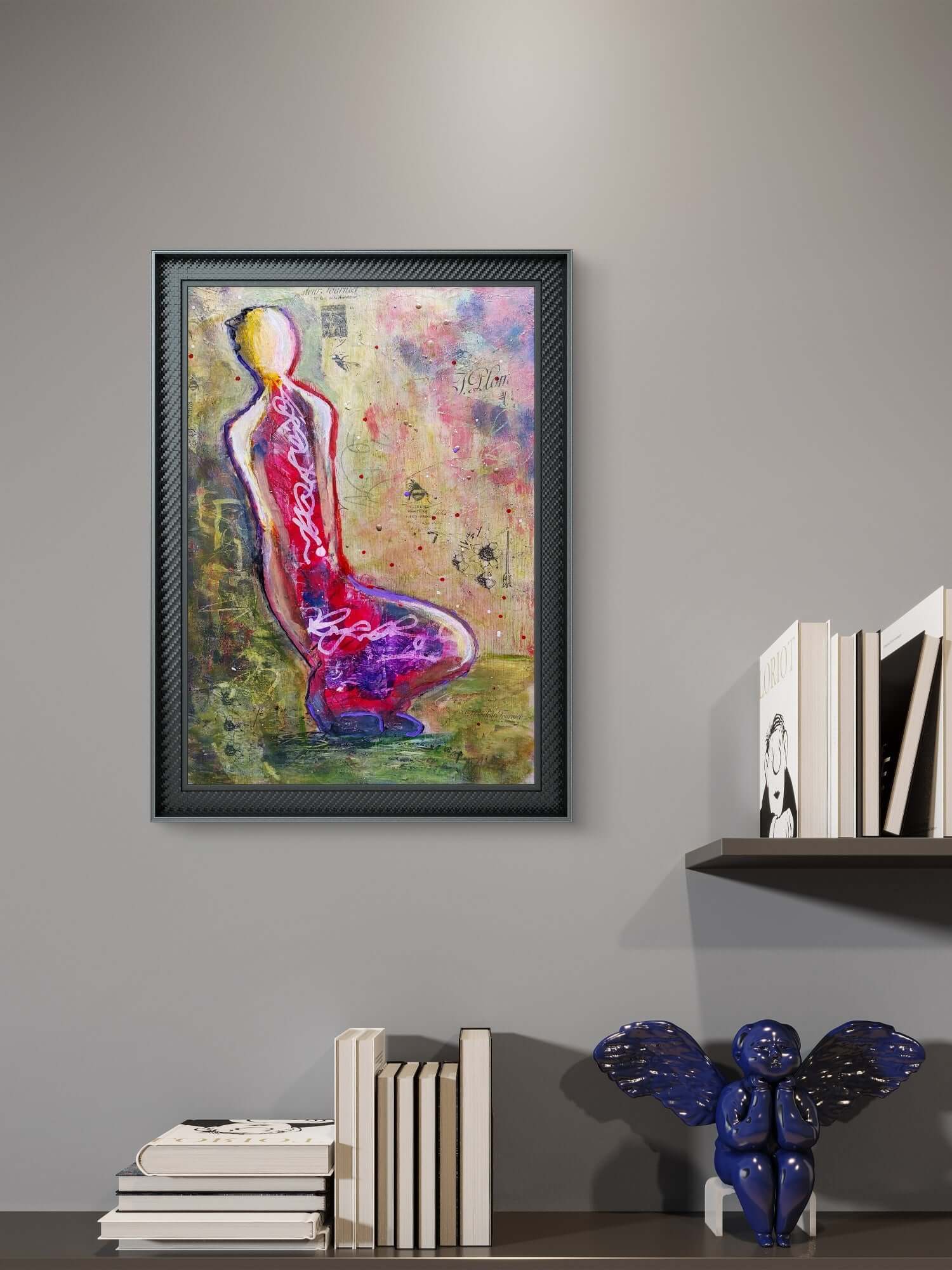 This mixed media artwork features a stylized, abstract figure outlined in bold black, seated against a vibrant and textured background of pinks, purples, greens, and whites. The composition includes layered text, floral motifs, and spontaneous mark-making, creating depth and movement.