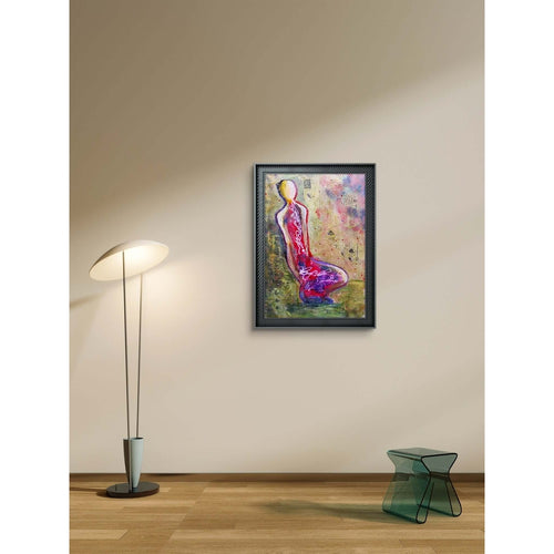 This mixed media artwork features a stylized, abstract figure outlined in bold black, seated against a vibrant and textured background of pinks, purples, greens, and whites. The composition includes layered text, floral motifs, and spontaneous mark-making, creating depth and movement.