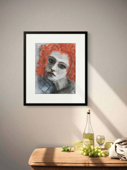 Beyond - Trudie Averett Art This artwork features a stylized portrait of a woman with vibrant red hair and expressive, moody eyes. The face is rendered in soft, textured tones of charcoal and highlights, while the background includes subtle geometric patt