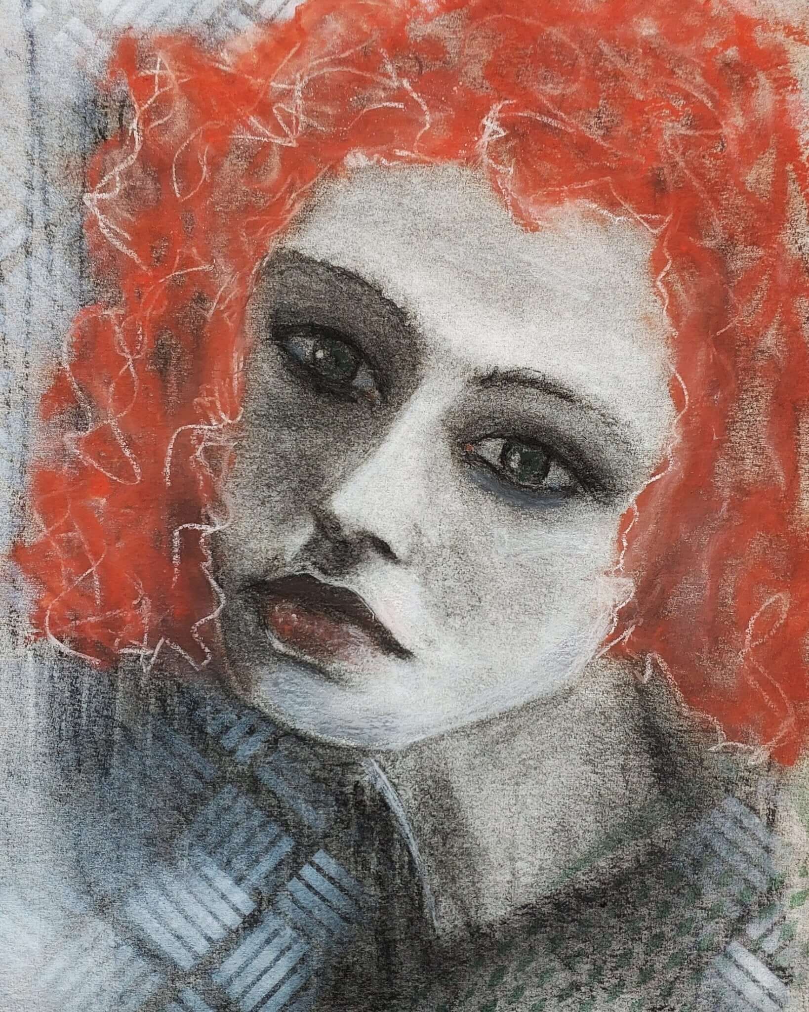 Beyond - Trudie Averett Art This artwork features a stylized portrait of a woman with vibrant red hair and expressive, moody eyes. The face is rendered in soft, textured tones of charcoal and highlights, while the background includes subtle geometric patt