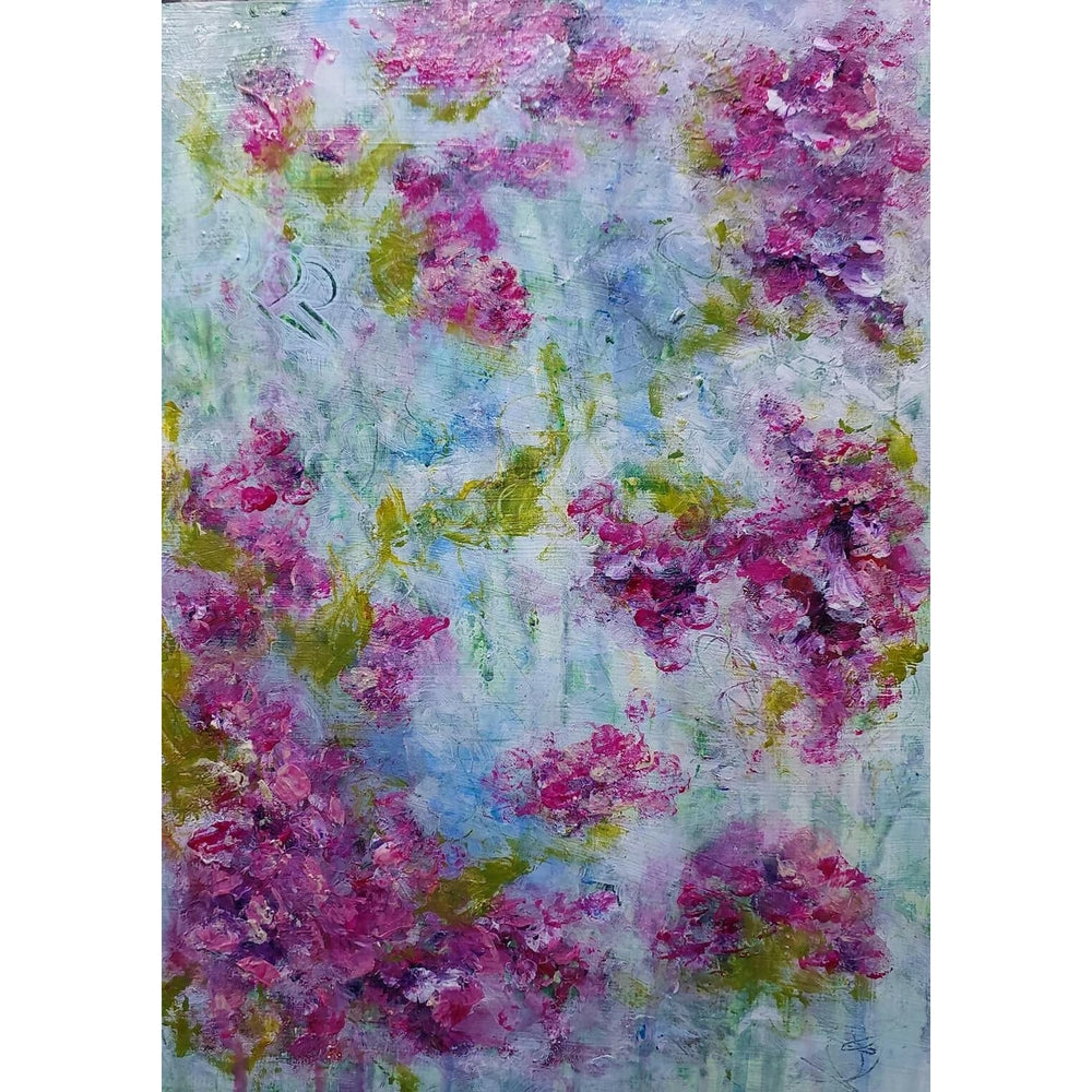 A vibrant mixed media artwork featuring abstract floral elements. The composition is dominated by soft hues of pink and magenta, representing clusters of flowers, interspersed with shades of green suggesting foliage. The background is a dreamy blend of pastel blues and whites, creating a soft, airy atmosphere. The texture is rich and layered, with visible brushstrokes and dynamic patterns that give the piece depth and movement.

