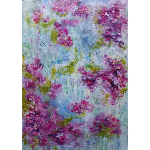 A vibrant mixed media artwork featuring abstract floral elements. The composition is dominated by soft hues of pink and magenta, representing clusters of flowers, interspersed with shades of green suggesting foliage. The background is a dreamy blend of pastel blues and whites, creating a soft, airy atmosphere. The texture is rich and layered, with visible brushstrokes and dynamic patterns that give the piece depth and movement.


