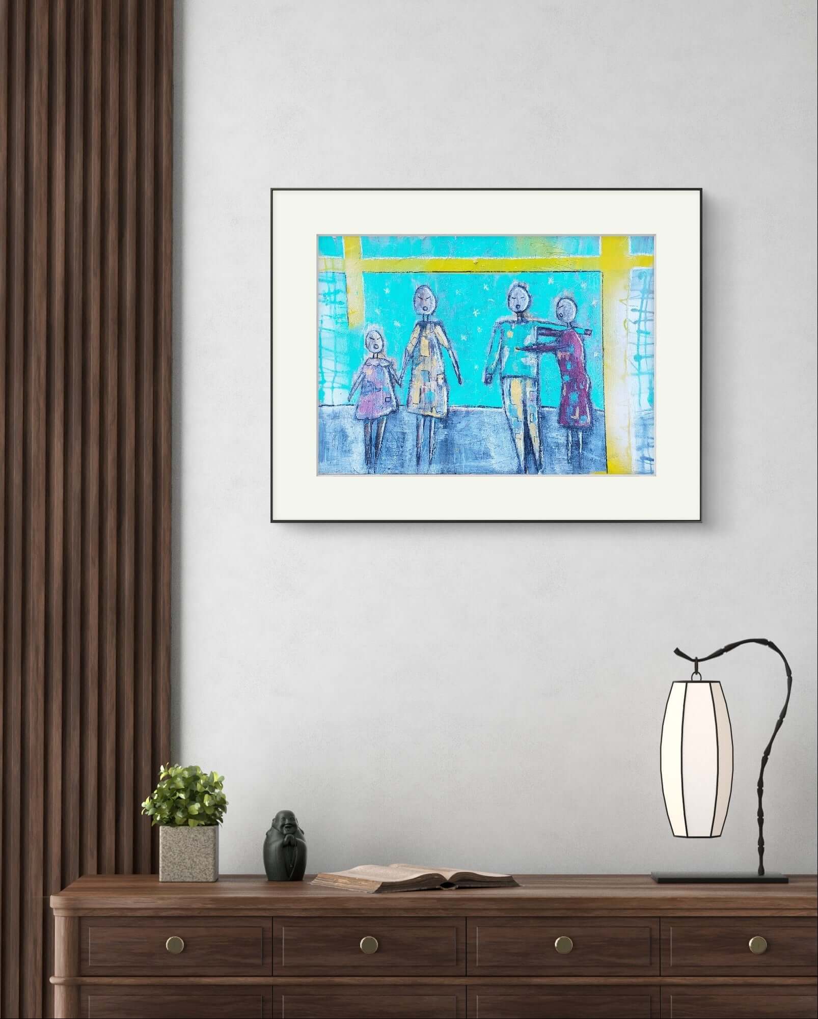 An abstract painting of four faceless figures on a turquoise background with white stars, framed by a yellow cross, evoking connection and spirituality.
