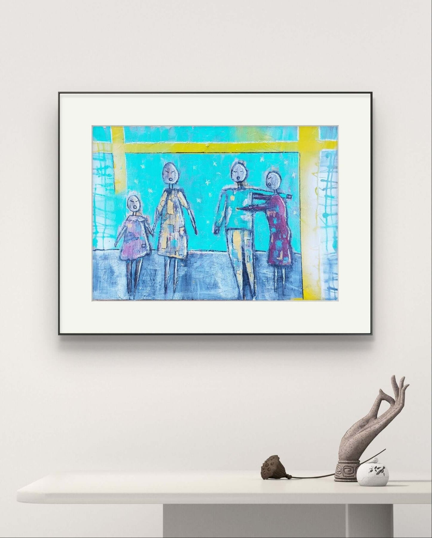 An abstract painting of four faceless figures on a turquoise background with white stars, framed by a yellow cross, evoking connection and spirituality.
