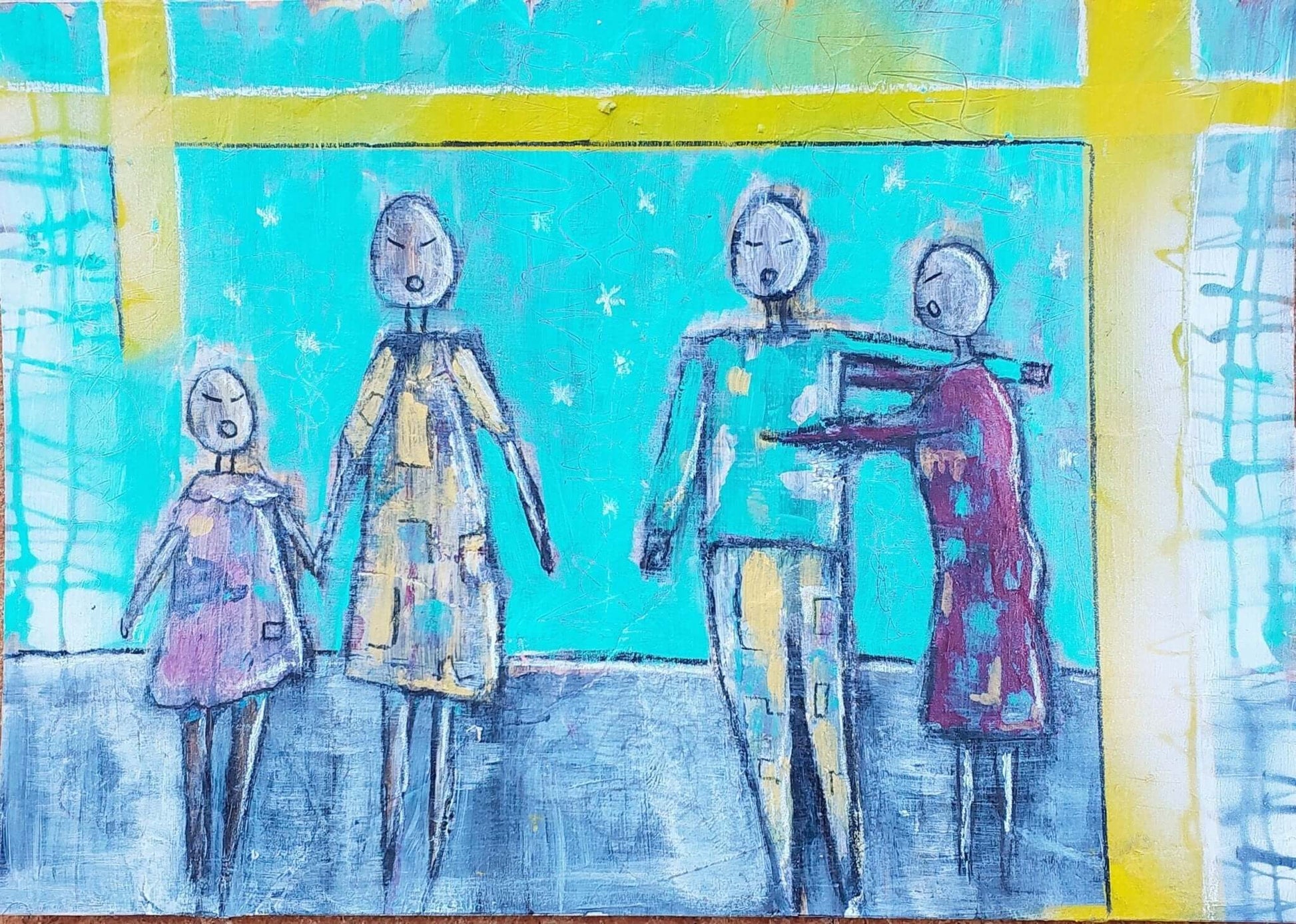 An abstract painting of four faceless figures on a turquoise background with white stars, framed by a yellow cross, evoking connection and spirituality.
