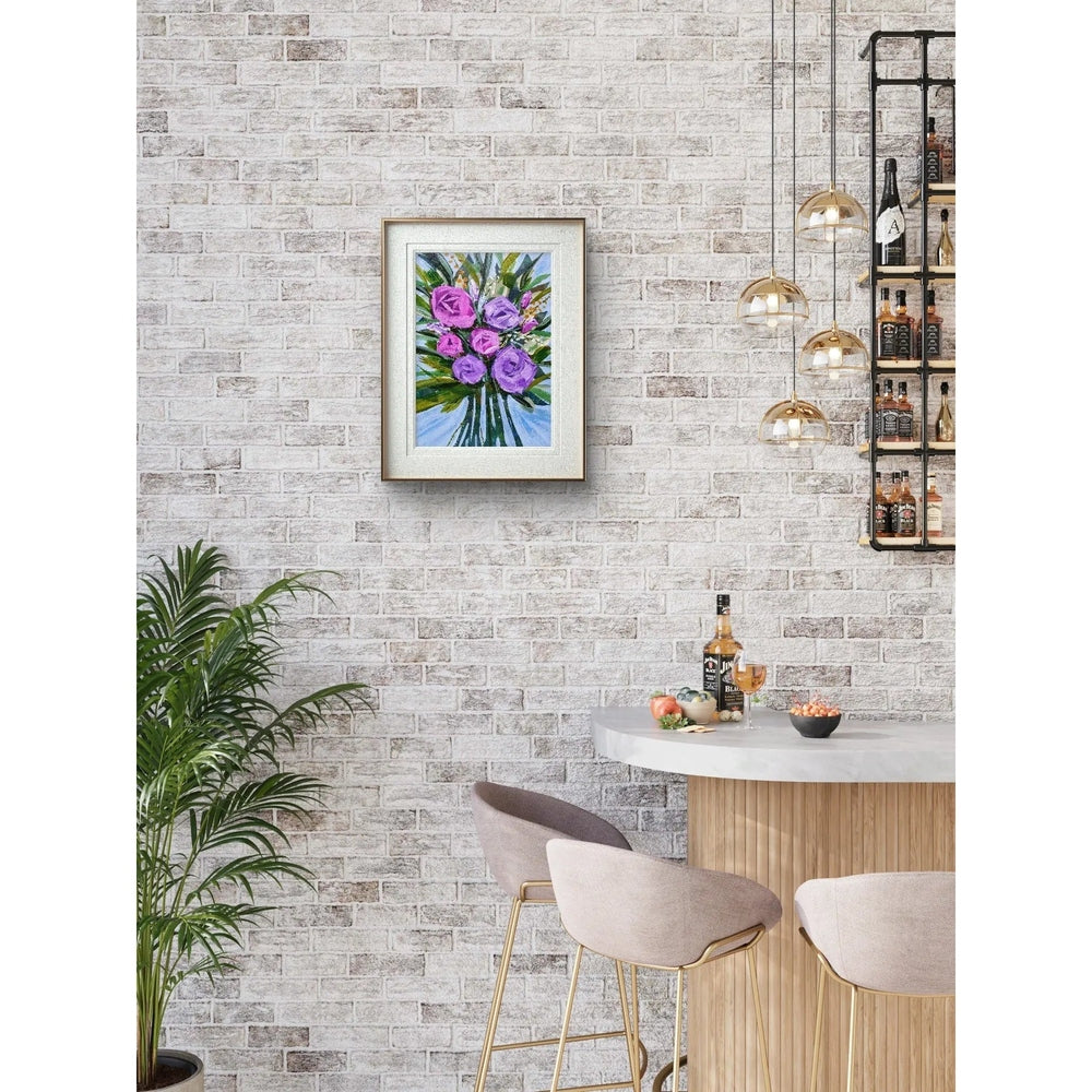 Acrylic painting of vibrant pink and purple roses with lush green leaves, set against a light blue background, framed view.