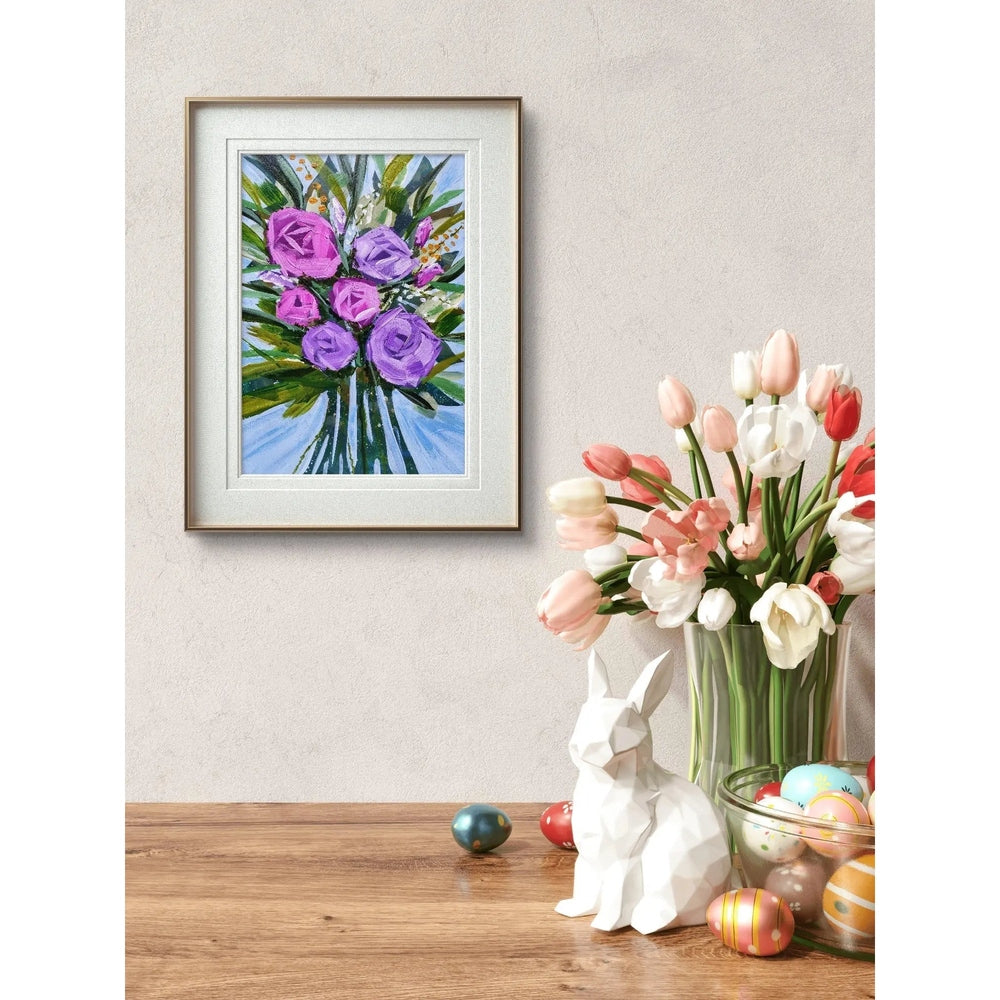 Acrylic painting of vibrant pink and purple roses with lush green leaves, set against a light blue background, framed view.