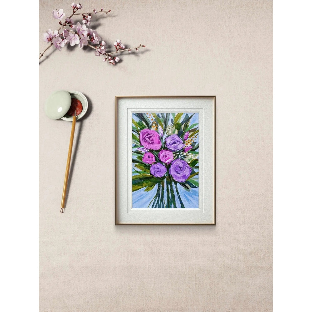 Acrylic painting of vibrant pink and purple roses with lush green leaves, set against a light blue background, framed view.
