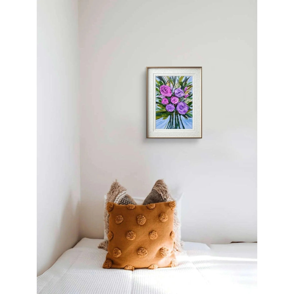 Acrylic painting of vibrant pink and purple roses with lush green leaves, set against a light blue background, framed view.