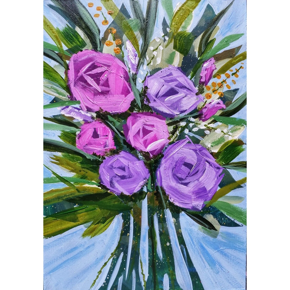 Acrylic painting of vibrant pink and purple roses with lush green leaves, set against a light blue background.