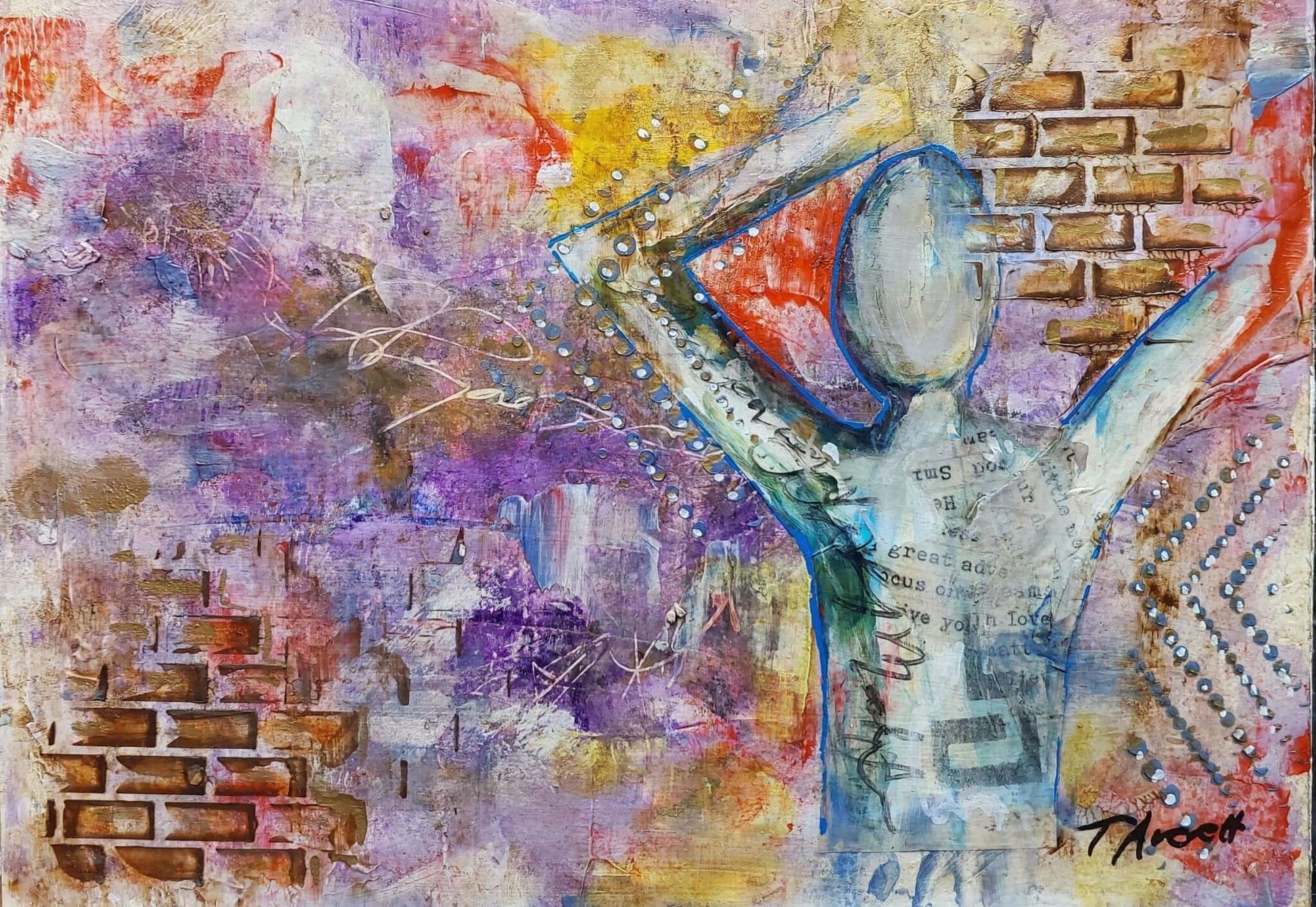 This mixed media artwork features a faceless figure with raised arms, set against a textured, vibrant background of purples, oranges, and yellows, with layered brick patterns and dots suggesting movement and energy.