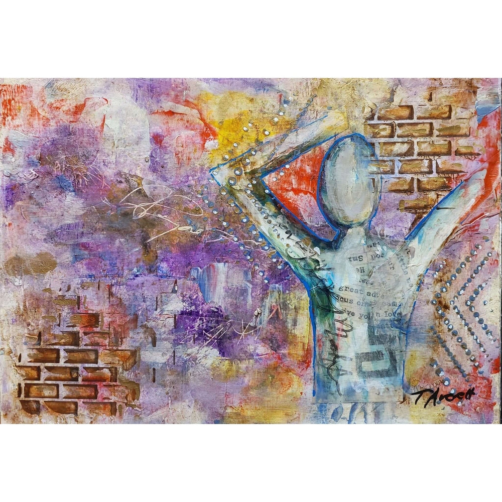 This mixed media artwork features a faceless figure with raised arms, set against a textured, vibrant background of purples, oranges, and yellows, with layered brick patterns and dots suggesting movement and energy.