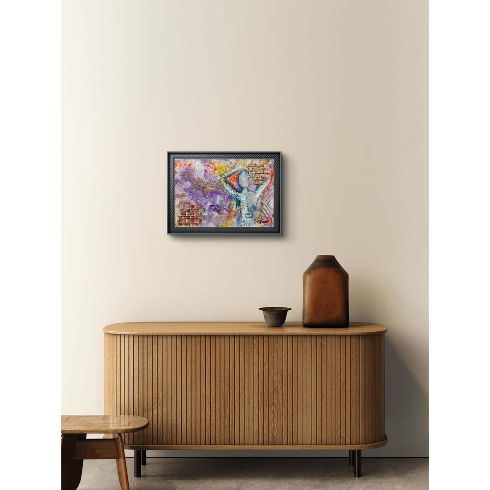 This mixed media artwork features a faceless figure with raised arms, set against a textured, vibrant background of purples, oranges, and yellows, with layered brick patterns and dots suggesting movement and energy.