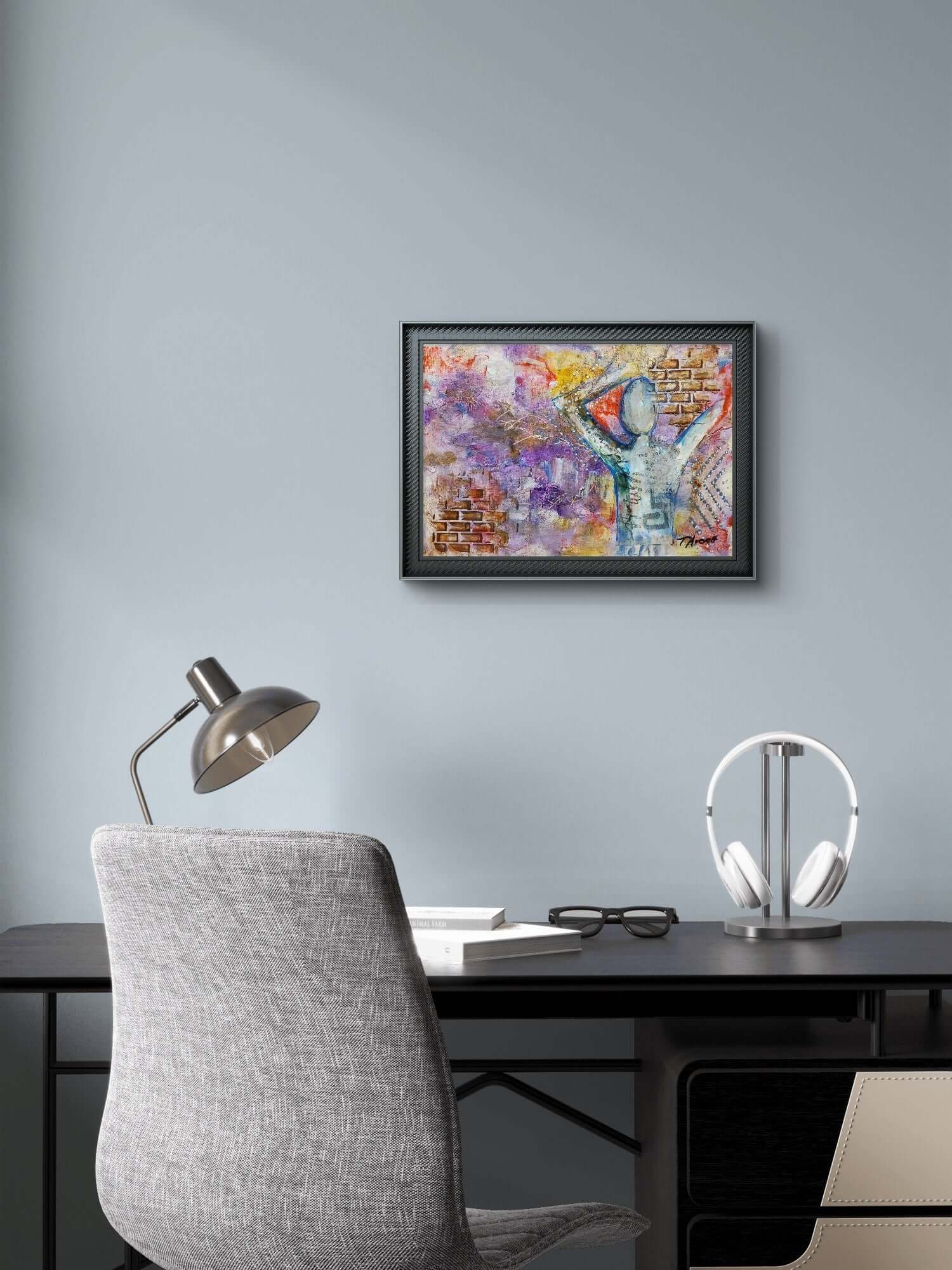 This mixed media artwork features a faceless figure with raised arms, set against a textured, vibrant background of purples, oranges, and yellows, with layered brick patterns and dots suggesting movement and energy.