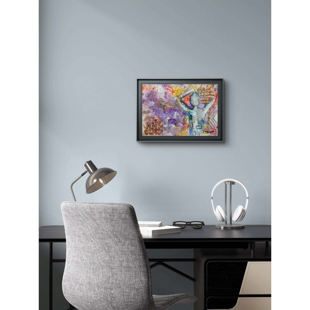 This mixed media artwork features a faceless figure with raised arms, set against a textured, vibrant background of purples, oranges, and yellows, with layered brick patterns and dots suggesting movement and energy.