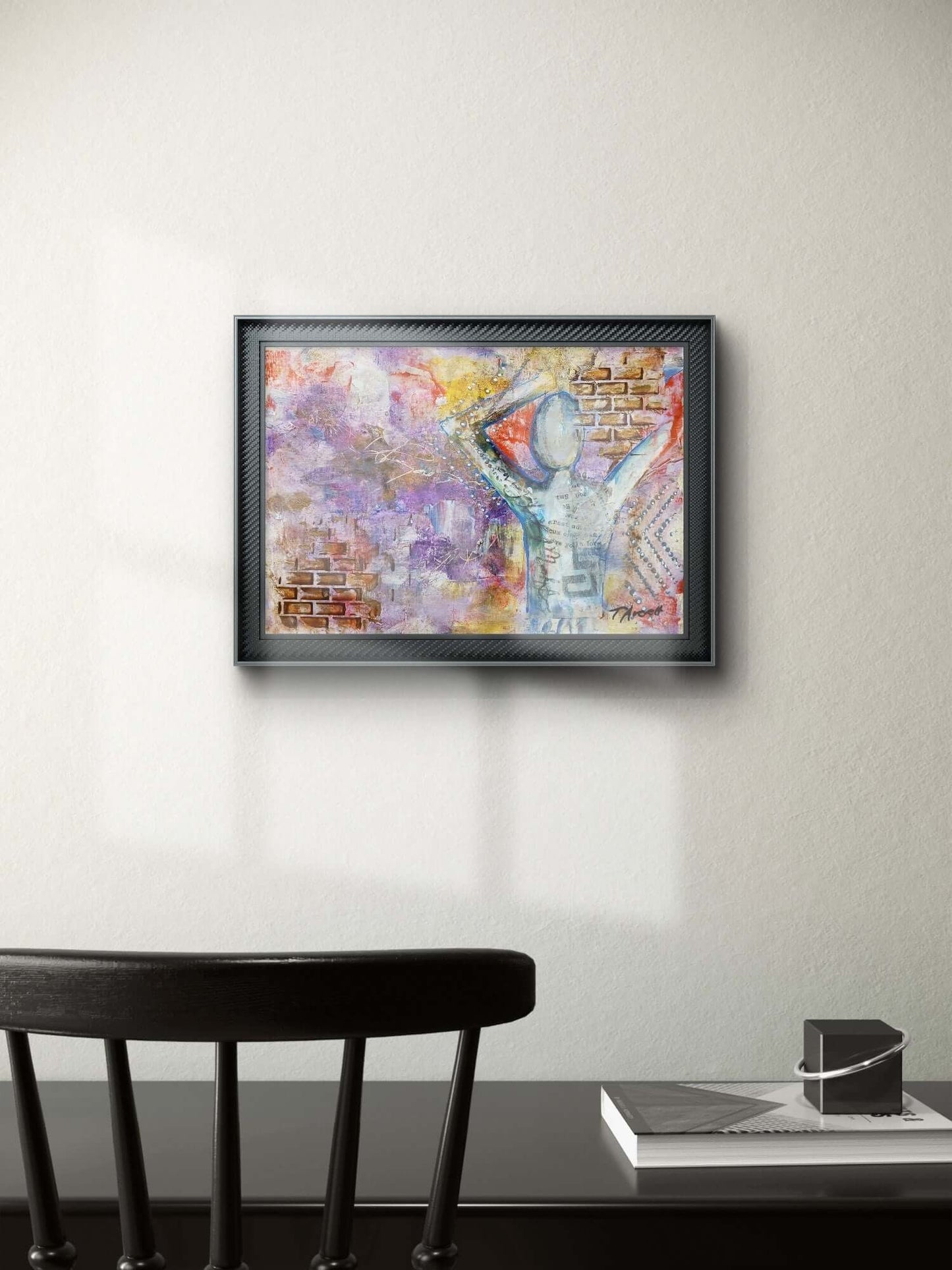 This mixed media artwork features a faceless figure with raised arms, set against a textured, vibrant background of purples, oranges, and yellows, with layered brick patterns and dots suggesting movement and energy.