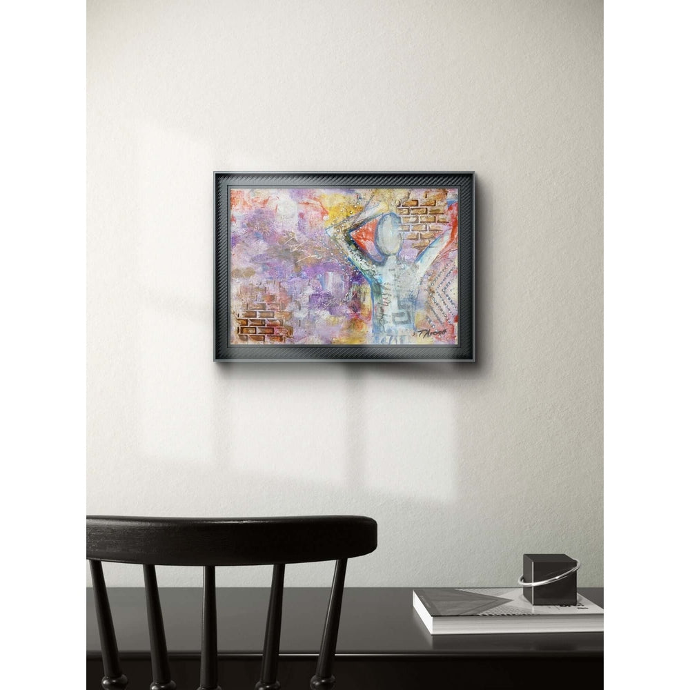 This mixed media artwork features a faceless figure with raised arms, set against a textured, vibrant background of purples, oranges, and yellows, with layered brick patterns and dots suggesting movement and energy.