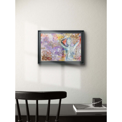 This mixed media artwork features a faceless figure with raised arms, set against a textured, vibrant background of purples, oranges, and yellows, with layered brick patterns and dots suggesting movement and energy.