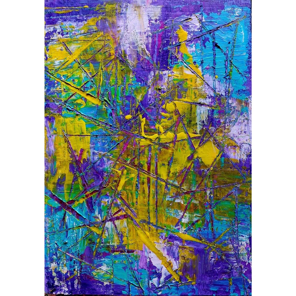 angled Pathways - Trudie Averett Art This abstract artwork features vibrant layers of purple, yellow, blue, and green with dynamic textures and intersecting lines, creating a sense of energy and movement.
