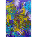 angled Pathways - Trudie Averett Art This abstract artwork features vibrant layers of purple, yellow, blue, and green with dynamic textures and intersecting lines, creating a sense of energy and movement.