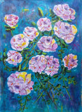 A vibrant painting of blooming pink and white roses with green stems and leaves, set against a rich blue background.

