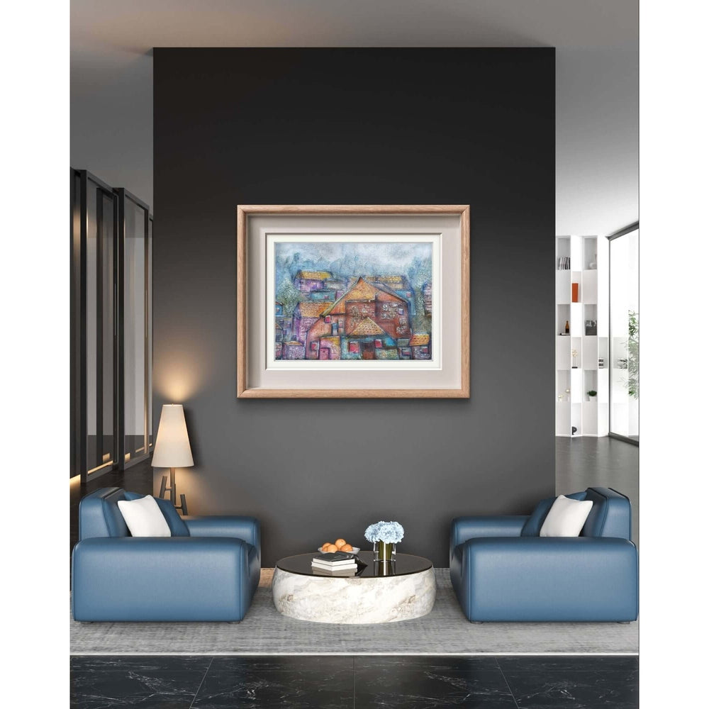 Whimsical mixed media village with textured rooftops, misty background, and vibrant geometric patterns, evoking community and connection.

