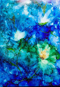 A vibrant painting of abstract blue and green flowers with dynamic textures and flowing, organic forms.
