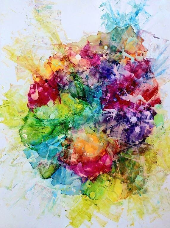 This abstract artwork features a vibrant explosion of colorful hues, including greens, yellows, blues, and purples, blending and overlapping with a sense of dynamic movement and texture.