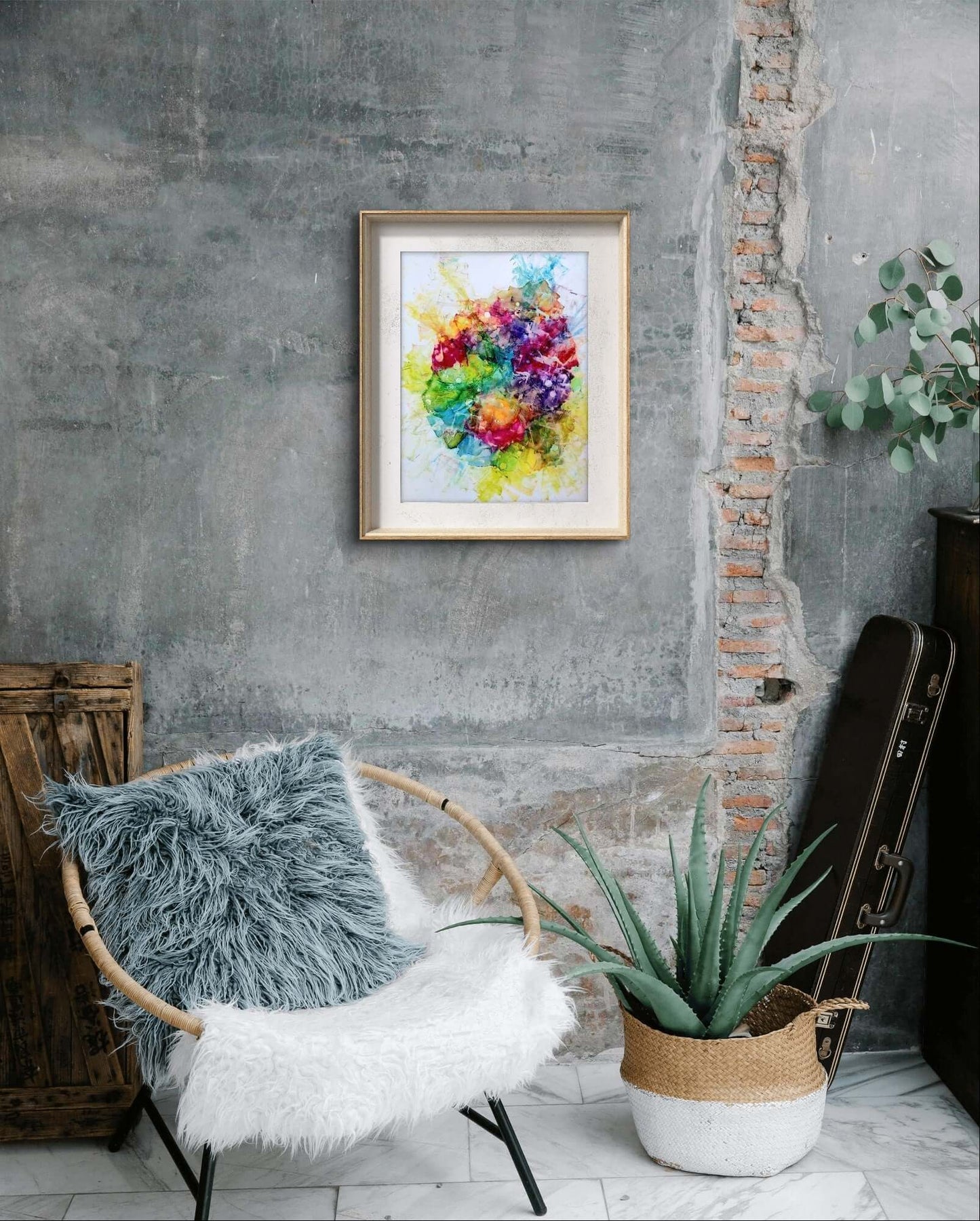 This abstract artwork features a vibrant explosion of colorful hues, including greens, yellows, blues, and purples, blending and overlapping with a sense of dynamic movement and texture.