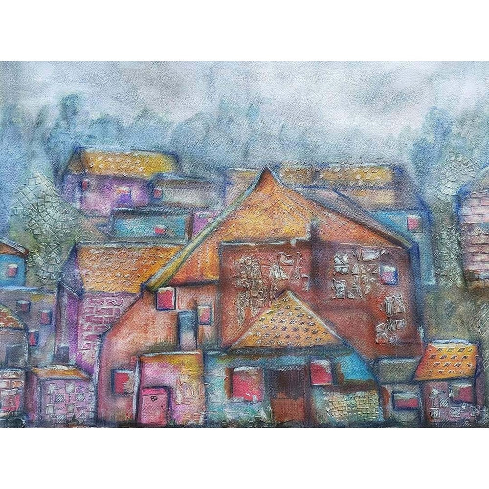Coming home - Trudie Averett Whimsical mixed media village with textured rooftops, misty background, and vibrant geometric patterns, evoking community and connection.