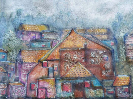 Coming home - Trudie Averett Whimsical mixed media village with textured rooftops, misty background, and vibrant geometric patterns, evoking community and connection.