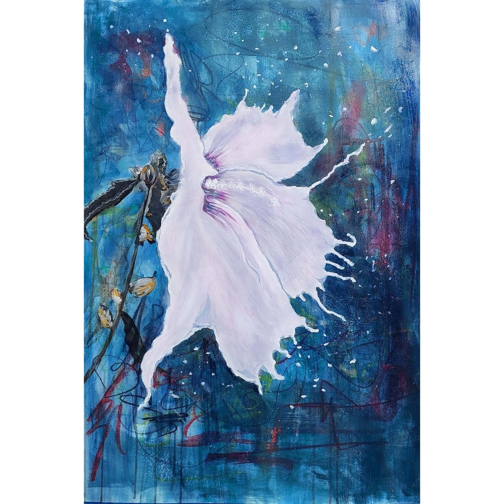A vibrant painting of a white flower in motion against a textured blue background, evoking elegance and energy.